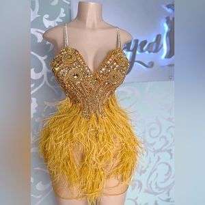 Gold embellished feathered dress